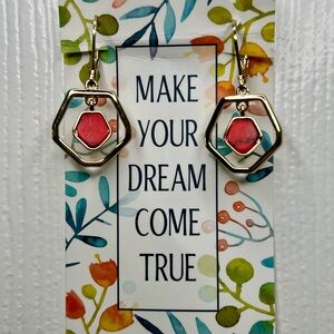 Gold Hexagon Drop Earrings with Coral Accent